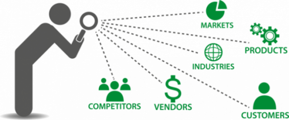 Graphic of person with magnifying glass and marketing words