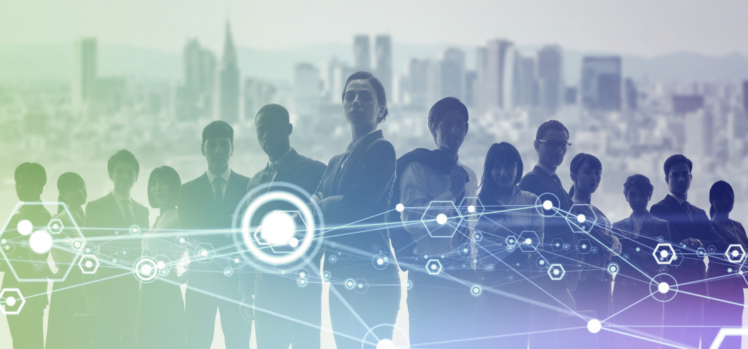 Abstract image of business people in horizontal line